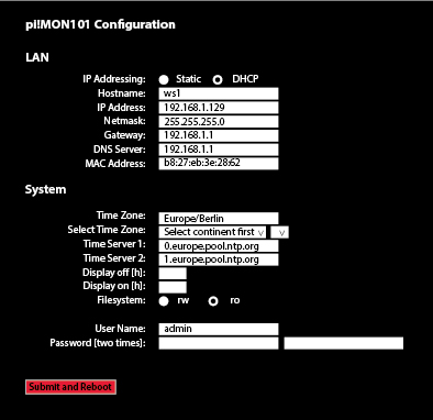 pi!MON101 Konfigurationsmenü